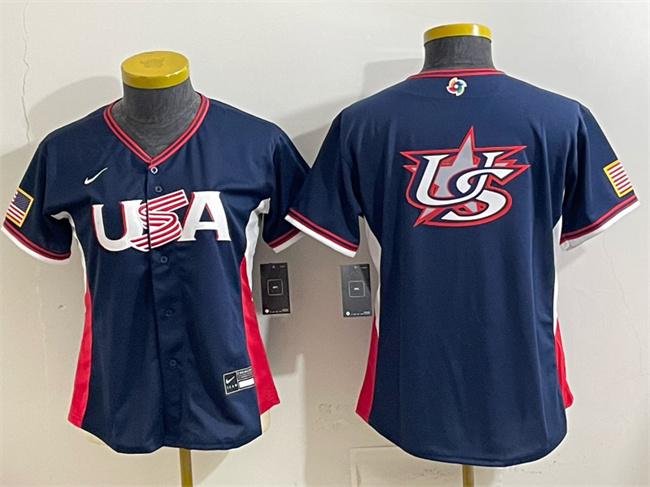 Women's USA Baseball Navy 2026 World Baseball Classic Big Logo Stadium Stitched Baseball Jersey(Run Small)