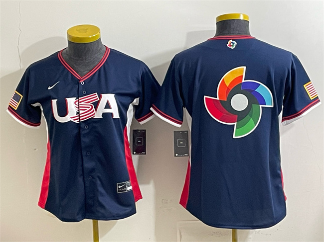 Women's USA Baseball Navy 2026 World Baseball Classic Big Logo Stadium Stitched Baseball Jersey (Run Small)