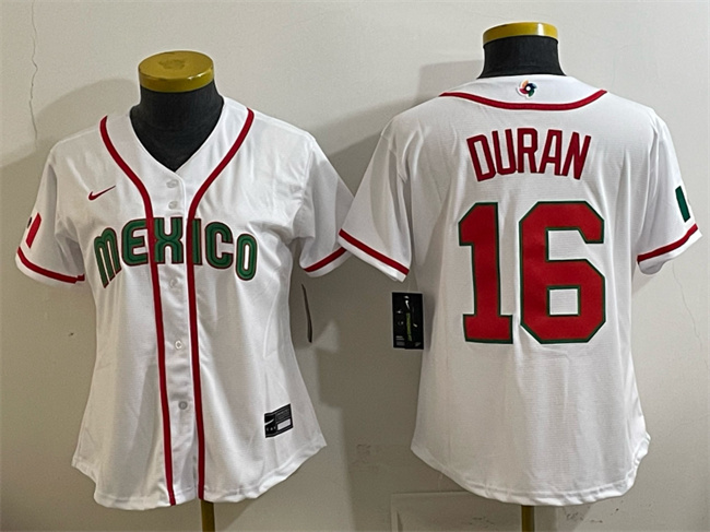 Women's Mexico Baseball #16 Jarren Duran White 2026 World Baseball Classic Home Stadium Stitched Baseball Jersey(Run Small)