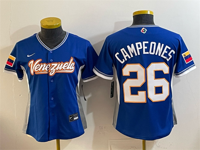 Women's Venezuela Baseball #26 Campeones Royal 2026 World Baseball Classic Road Stadium Stitched Baseball Jersey(Run Small)
