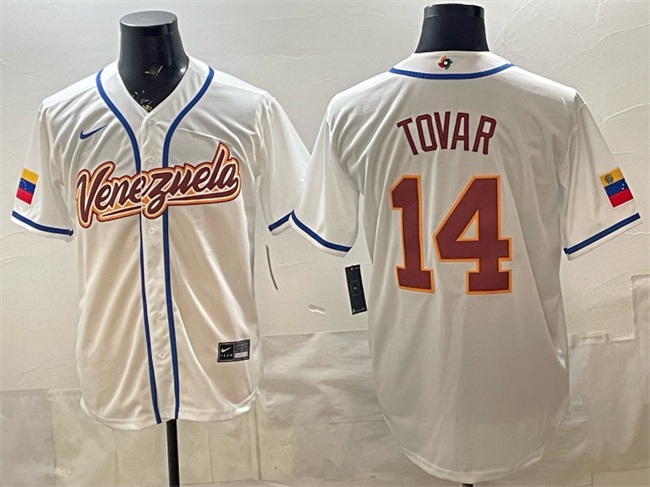 Men's Venezuela Baseball #14 Ezequiel Tovar White 2026 World Baseball Classic Home Stadium Stitched Jersey