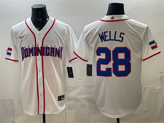 Men's Dominican Republic Baseball #28 Austin Wells White 2026 World Baseball Classic Home Stadium Stitched Jersey