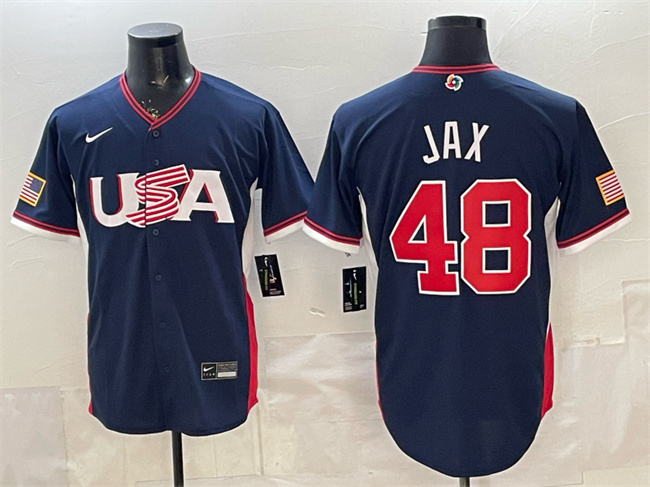 Men's USA Baseball #48 Griffin Jax Navy 2026 World Baseball Classic Road Stadium Stitched Jersey