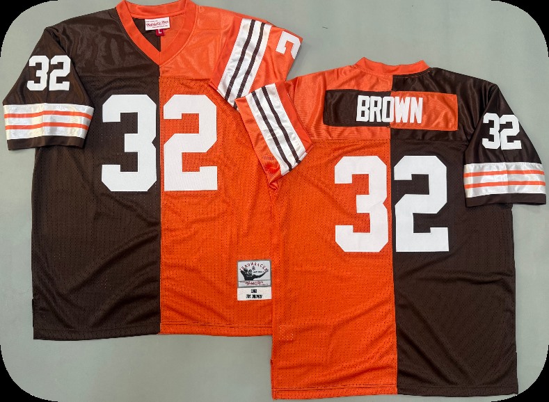 Mens Cleveland Browns #32 Jim Brown 1963 Brown Orange Split Two Tone Throwback Jersey