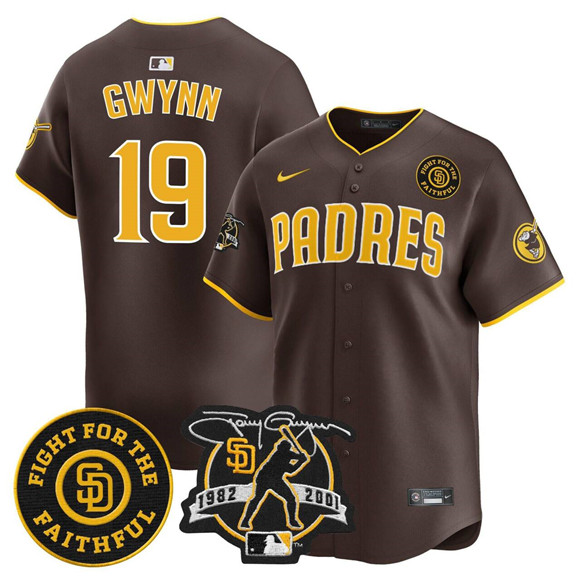 Men's San Diego Padres #19 Tony Gwynn Brown Tony Gwynn & Faithful Patch Limited Stitched Baseball Jersey