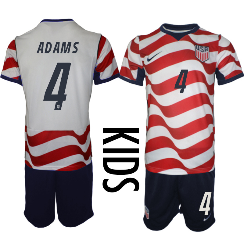 Youth United States #4 Adams  White Red 2026 Home Soccer Jersey Suit