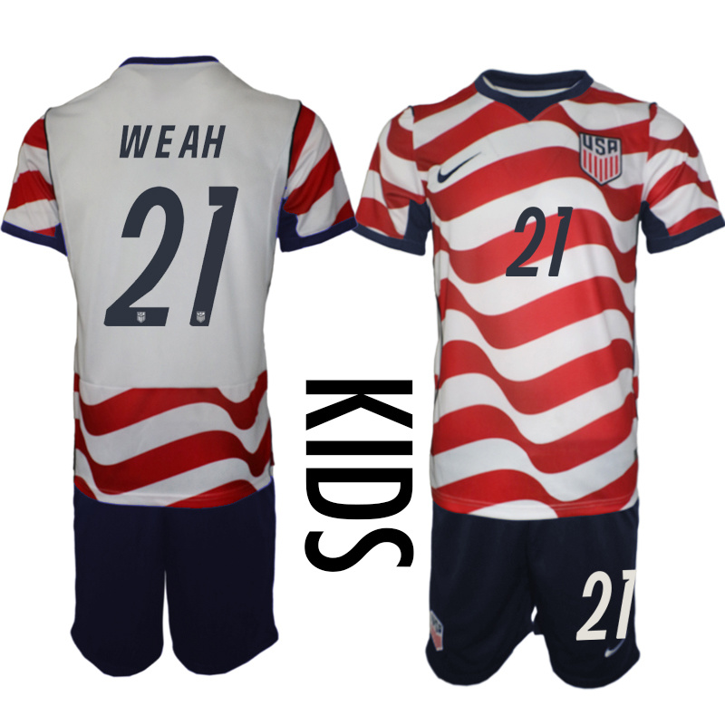 Youth United States #21 Weah White Red 2026 Home Soccer Jersey Suit