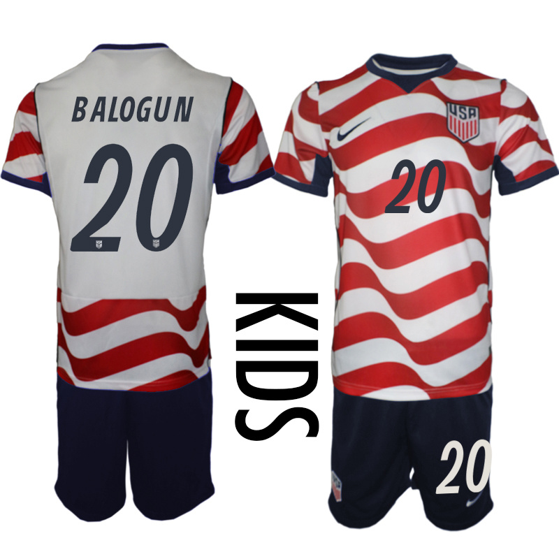 Youth United States #20 Balogun  White Red 2026 Home Soccer Jersey Suit