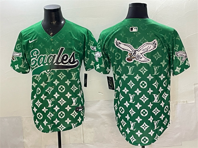 Men's Philadelphia Eagles Team Big Logo Green With Patch Limited Stitched Baseball  Jersey