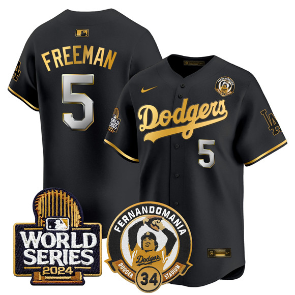 Men's Los Angeles Dodgers #5 Freddie Freeman Black Gold Fernando Valenzuela & 2024 World Series Patch Limited Stitched Baseball Jersey