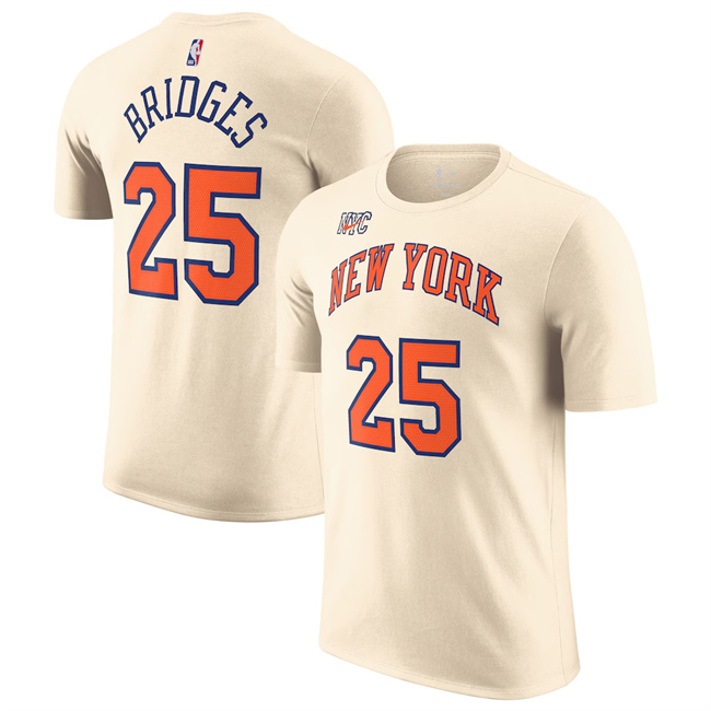 Men's New York Knicks #25 Mikal Bridges Cream 2026 City Edition Name & Number T-Shirt