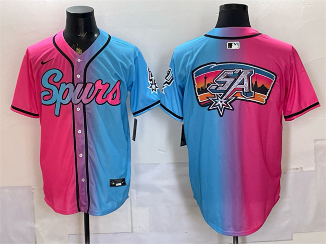 Men's San Antonio Spurs Team Big Logo Pink Blue Limited Stitched Baseball  Jersey