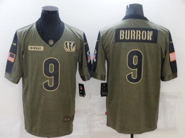Men's Cincinnati Bengals 9 Joe Burrow Nike Olive 2021 Salute To Service Limited Player Jersey